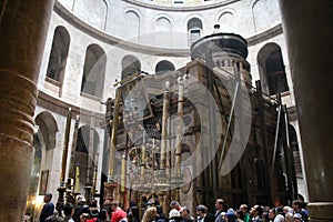 Pilgrims in front of The  Edicule in The Church of the Holy Sepulchre, Christ`s tomb, in the Old City of Jerusalem, Israel